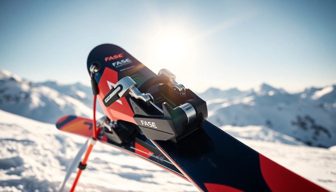 Showcasing Fase bindings on an expertly equipped ski in a stunning winter landscape.