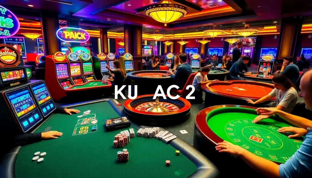 Exciting gambling atmosphere featuring KJC AC 2 in a vibrant casino with players at poker and roulette tables.