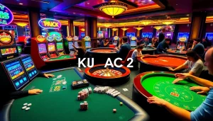 Exciting gambling atmosphere featuring KJC AC 2 in a vibrant casino with players at poker and roulette tables.