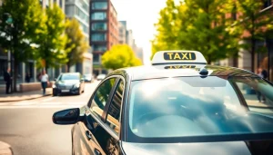 West Bridgford Taxi waiting in a lively urban setting with modern architecture and motion blur.