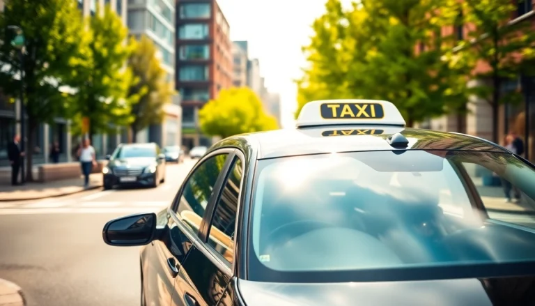 West Bridgford Taxi waiting in a lively urban setting with modern architecture and motion blur.