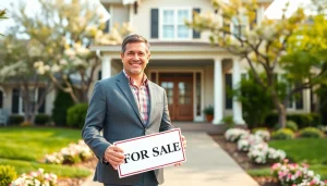Showcase of real estate agent presenting a charming house with a For Sale sign, reflecting real estate values.