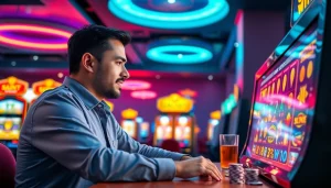 Menang besar dalam situs slot dengan seorang pemain bersemangat di kasino modern.