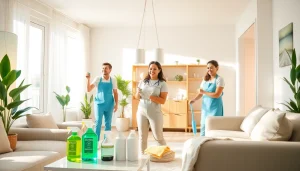 Efficient cleaning service team working to enhance a cozy home environment.