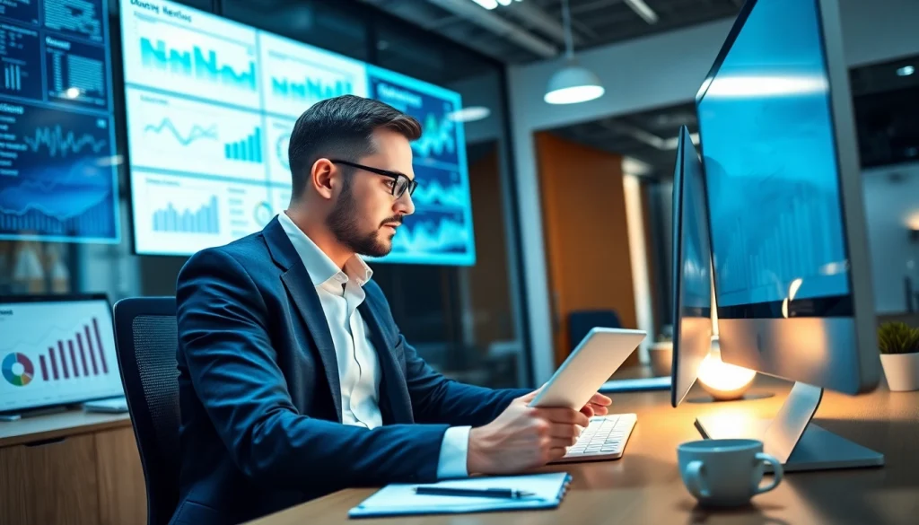 Analyze data on digital marketing strategies with https://vj88.online/ in a modern office space.