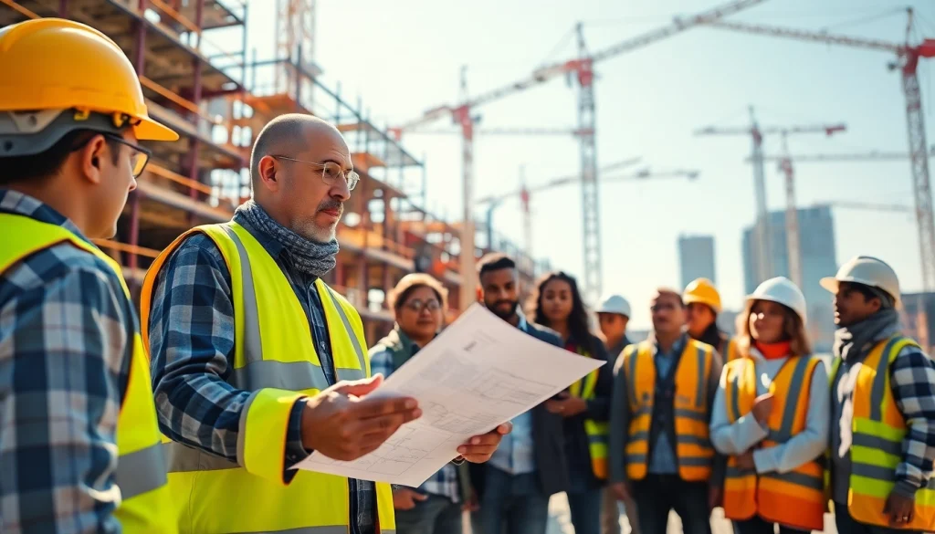 New York Construction Manager leading a diverse team at an active construction site.