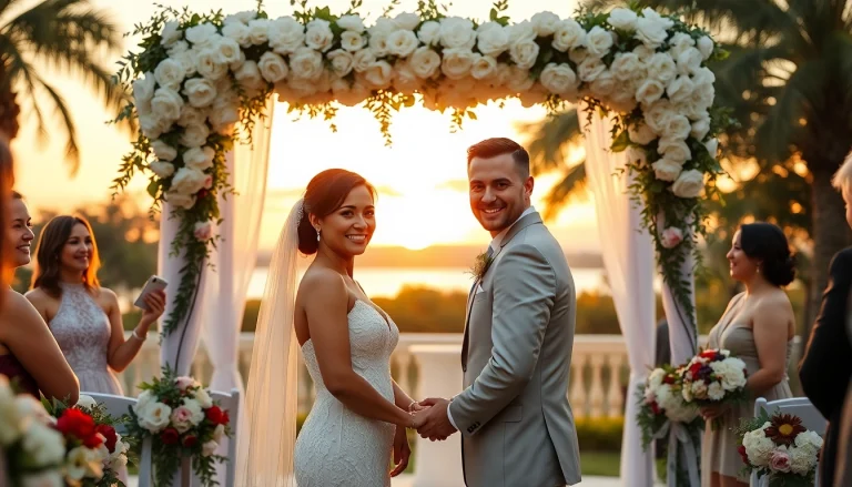 Stunning wedding photographer capturing an outdoor ceremony in Tampa, Florida, with a couple exchanging vows amidst floral decorations.