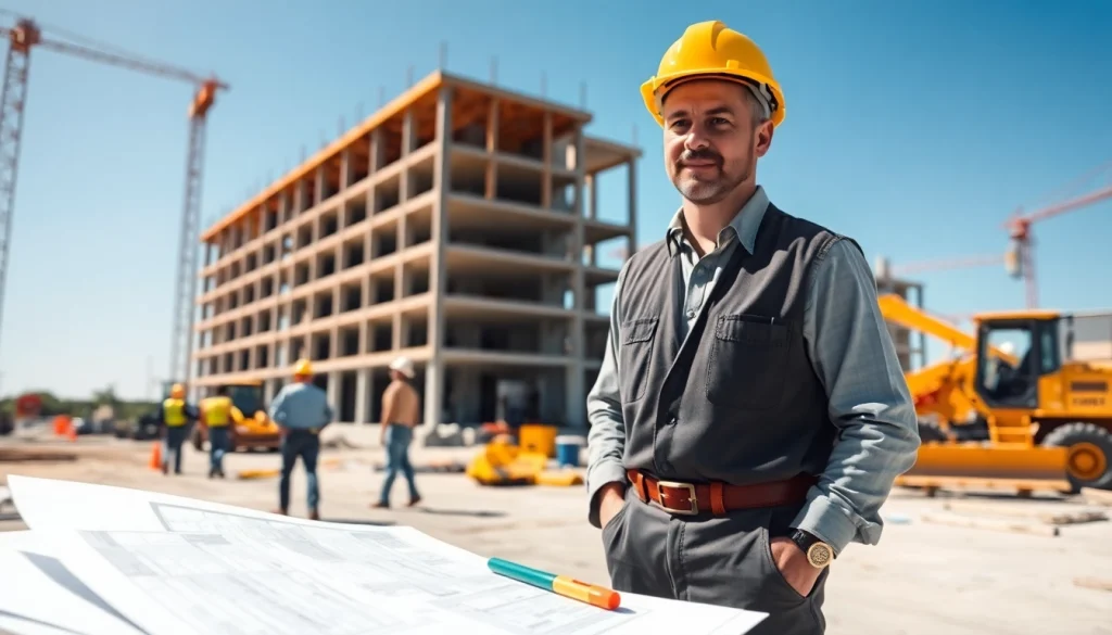 New Jersey General Contractor managing a busy construction site with blueprints and equipment.