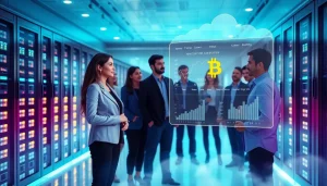Engaging bitcoin cloud mining scene with diverse users analyzing data in a tech-centered environment.
