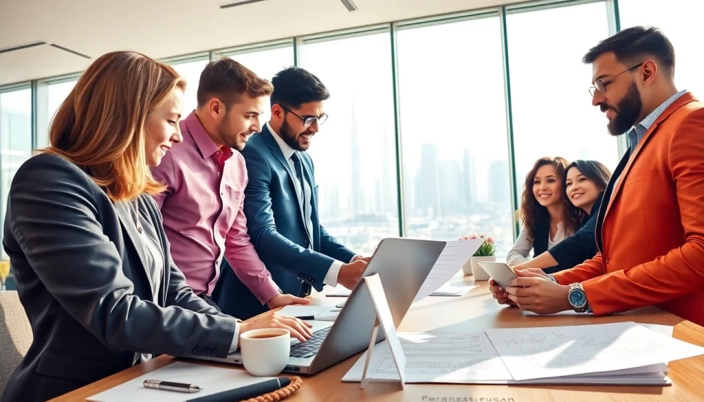 Quickplus Business Consultants team collaborating in a modern office with a skyline view.
