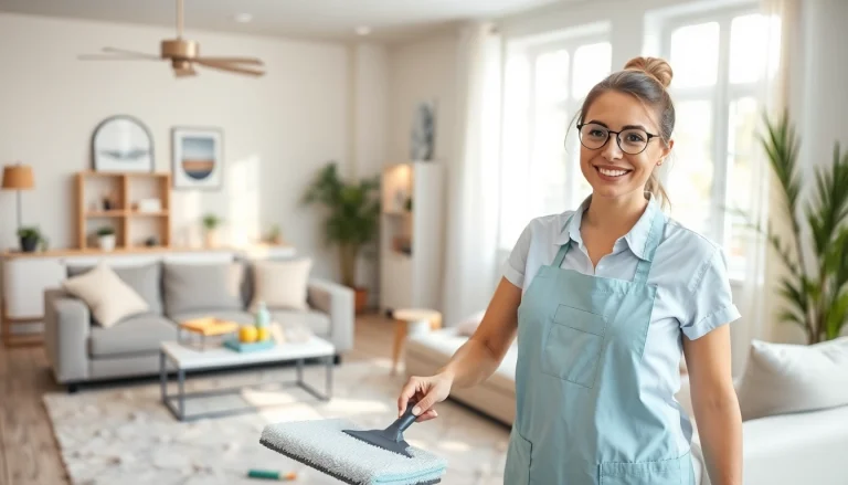 Showcasing a professional cleaning service in a modern home, emphasizing quality and cleanliness.