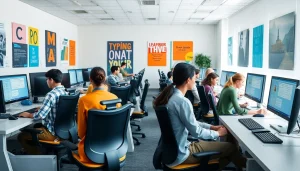 Enhance your typing skills at a modern typing center with diverse professionals.