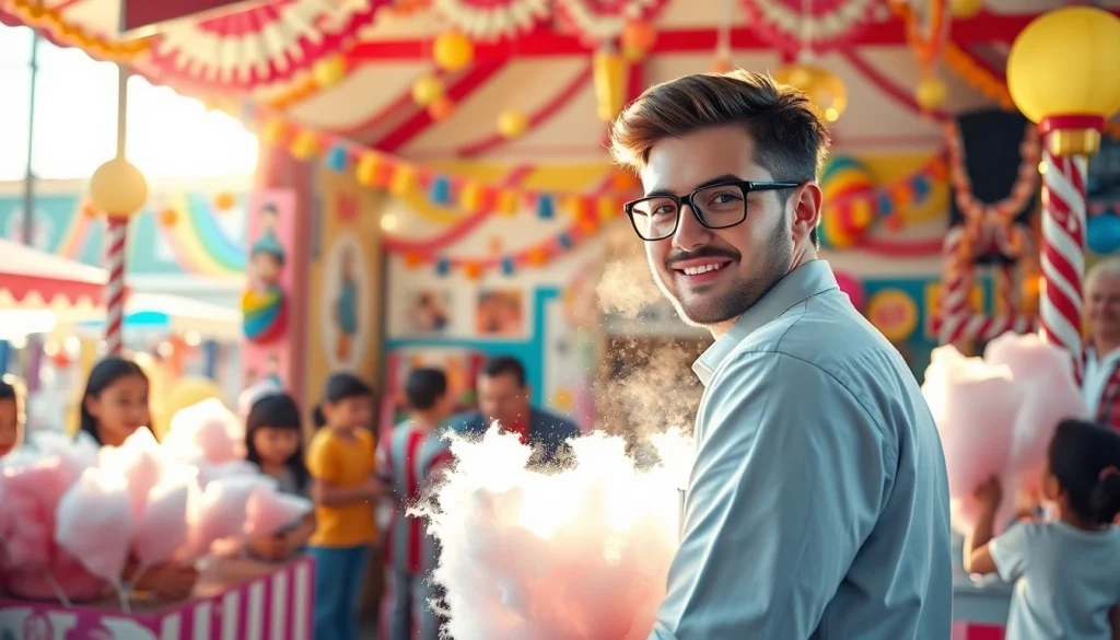 Creëren van wafel katoen in een levendige carnavalsomgeving met kleurrijke decoraties.