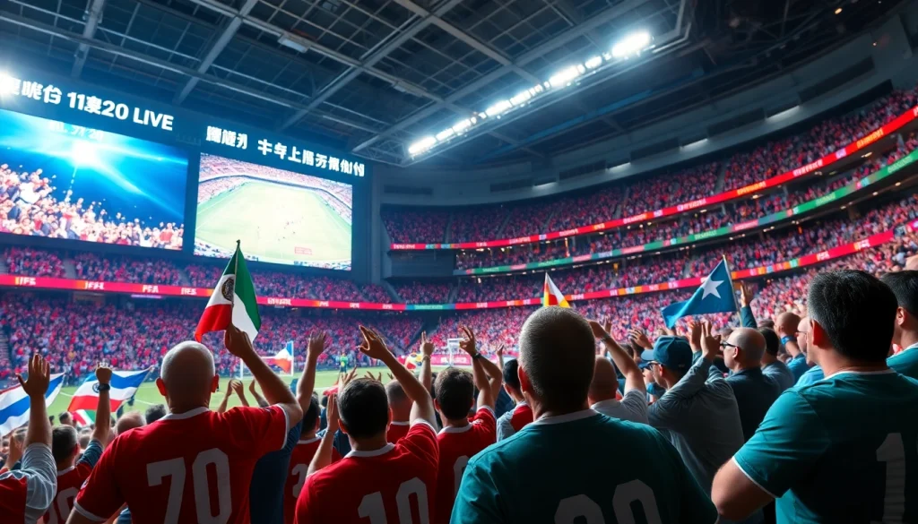 스포츠중계를 즐기는 팬들의 열정적인 모습과 경기 화면을 담은 장면