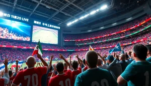 스포츠중계를 즐기는 팬들의 열정적인 모습과 경기 화면을 담은 장면