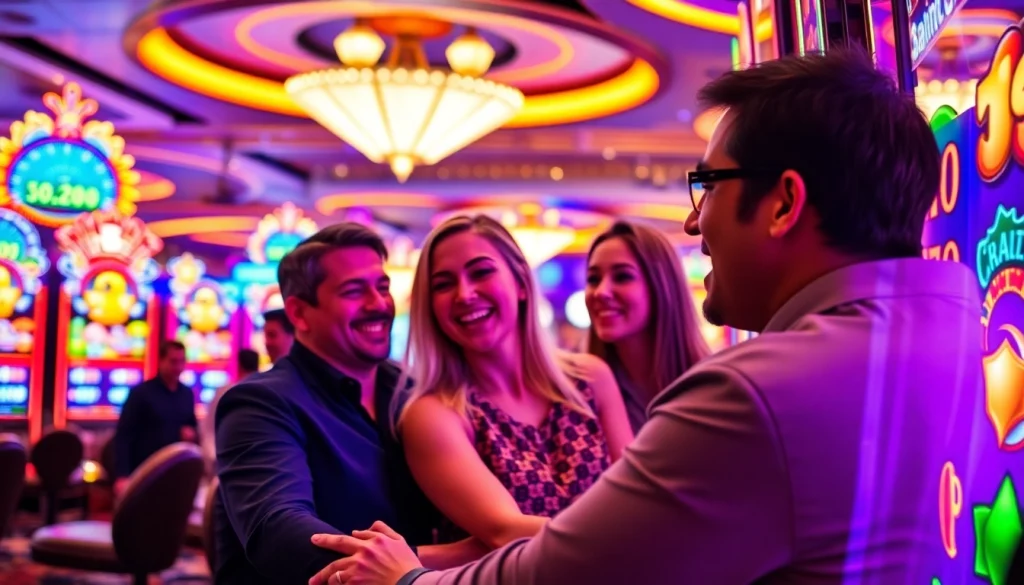 Menampilkan pemain bersemangat bermain bandar toto 4d slot di kasino mewah dengan suasana energik.