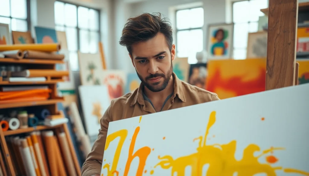 Canvas waarop een kunstenaar kleurrijke abstracte schilderij aanbrengt in een creatieve studio.