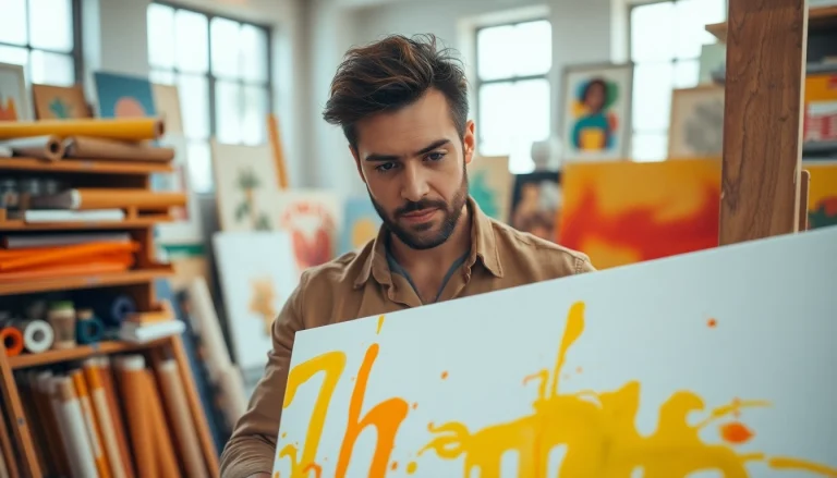 Canvas waarop een kunstenaar kleurrijke abstracte schilderij aanbrengt in een creatieve studio.