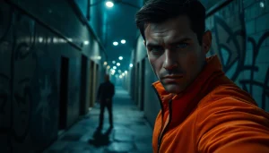 Hero confronting an antagonist in a Clean action thriller set in a gritty urban environment.