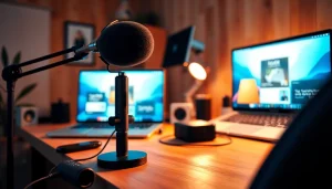 koralive streaming setup with microphone and creative graphics in a cozy office