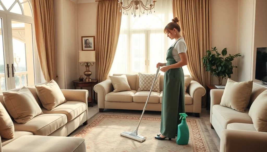 Find a maid in Abu Dhabi efficiently cleaning a cozy living room filled with natural light.
