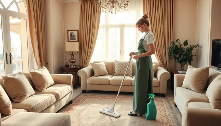 Find a maid in Abu Dhabi efficiently cleaning a cozy living room filled with natural light.