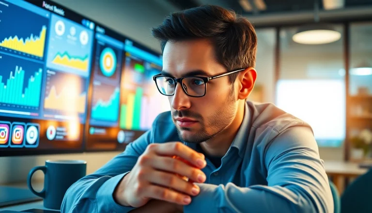 Analyze Instagram smm panel performance metrics in a modern office with vibrant colors and digital screens.