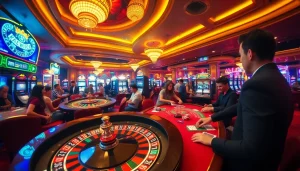 Experience the excitement at 79king hn with players at vibrant casino tables and spinning roulette wheels.