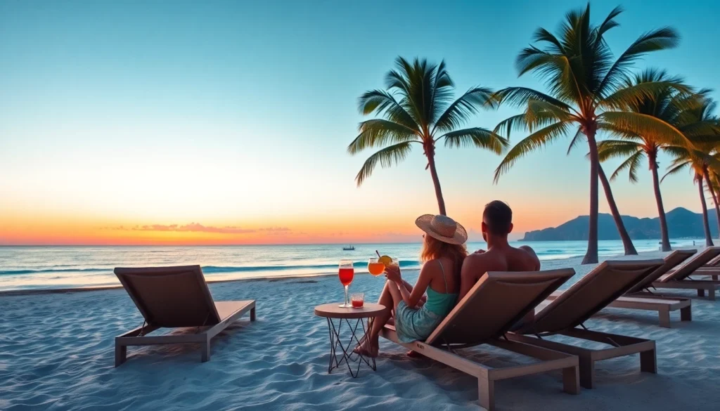 Experience a serene sunset during a Luxury Cabo vacation at a beach with tropical drinks.