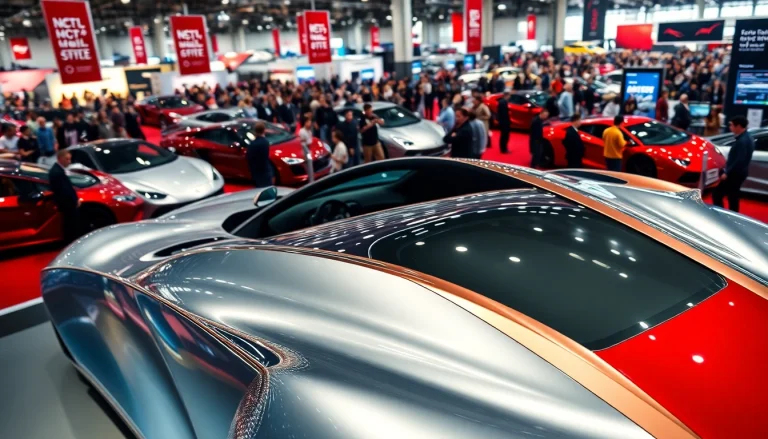 Experience the excitement of the Auto Cars Show with a modern sports car on display amidst a lively crowd.