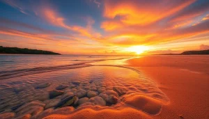 Explore a beleza serena de Paripueira AL, destacando sua deslumbrante praia e as vibrantes poças de maré ao pôr do sol.