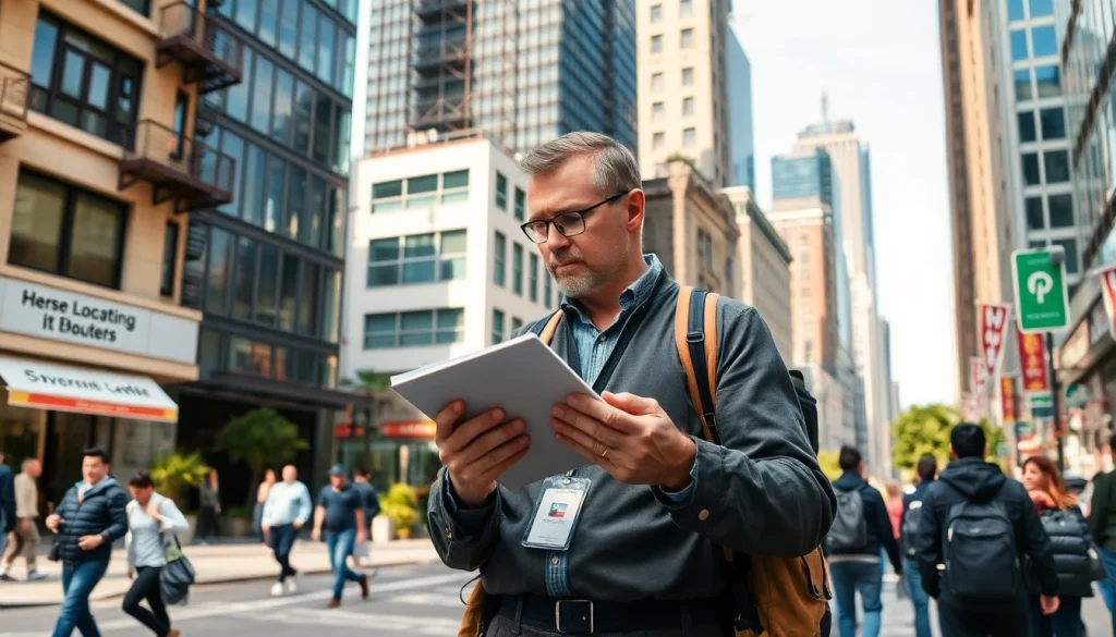 Location scouting process: a professional assessing urban filming locations with unique features.