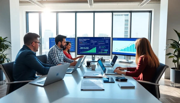 SEO agency team engaged in strategic planning in a modern office.