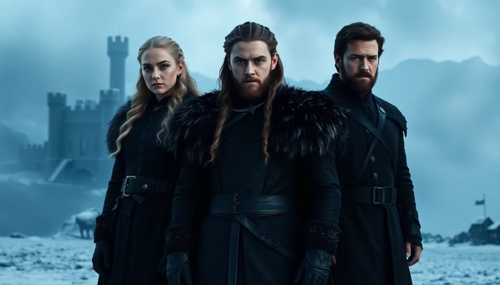 game of thrones cast in a dramatic winter setting showcasing iconic characters