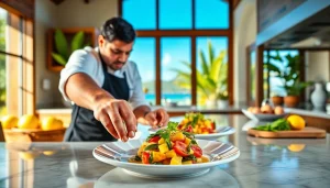 Private chef St Martin creating a gourmet meal in a luxurious villa setting.
