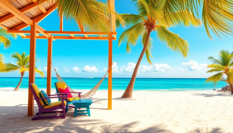 Relaxing coastal cabana overlooking a beautiful beach with palm trees and sunny skies.