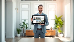 Real Estate agent showcasing property listings in a modern office environment.