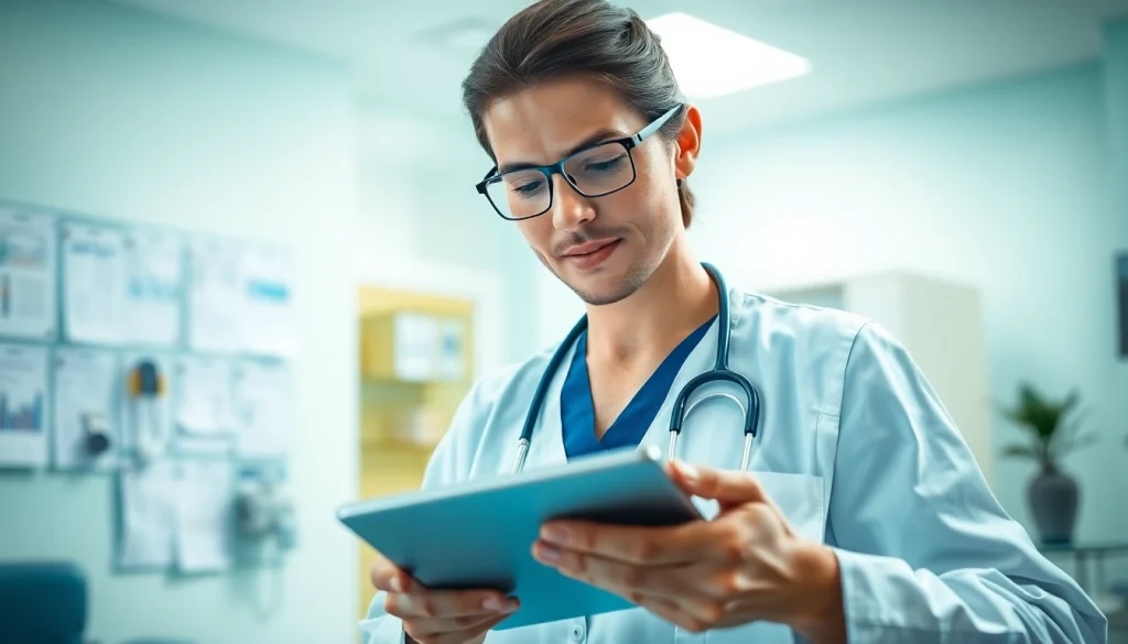 Health expert analyzing data in a modern clinic atmosphere.