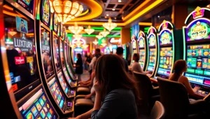 Bermain game slot menarik di luxury333 dengan suasana kasino yang semarak dan penuh cahaya.