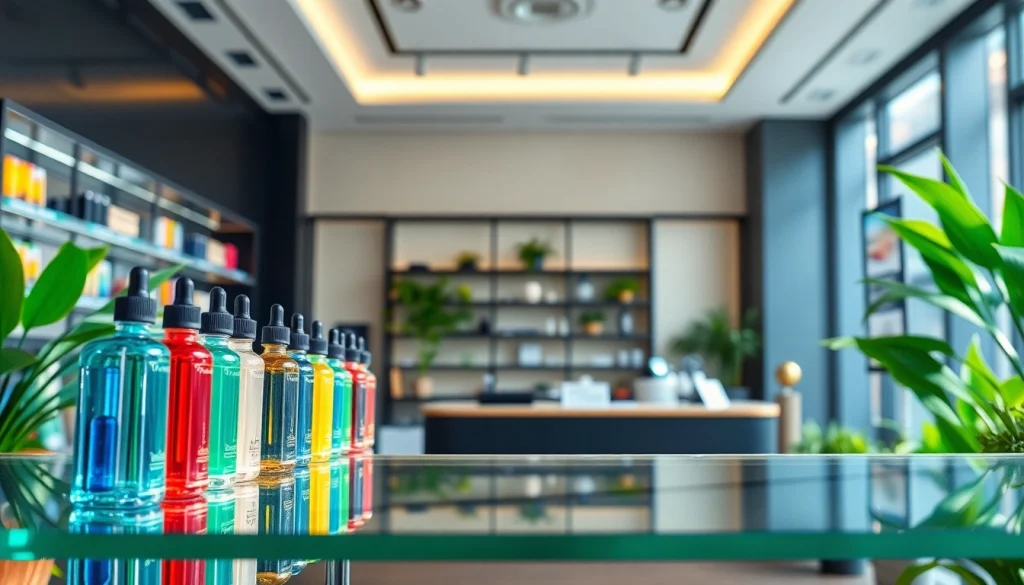 Flasche mit liquid auf einem eleganten Regal in einem modernen Vape-Shop