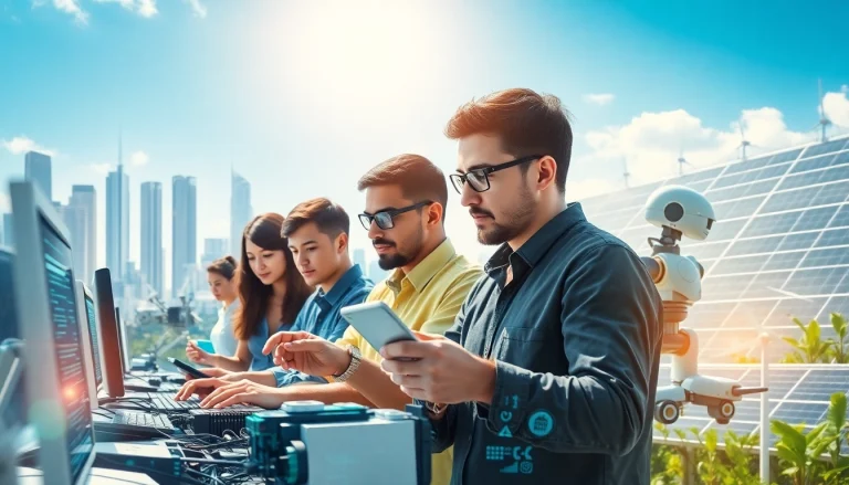 Team of engineers collaborating on innovative Technology solutions in a futuristic setting.