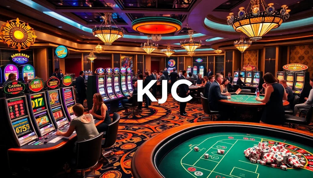 Exciting casino scene showcasing gambling activities with KJC branding.