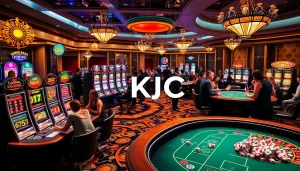 Exciting casino scene showcasing gambling activities with KJC branding.
