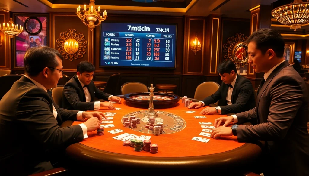 Experience the excitement of online betting with 7m.cn live scores on a luxurious casino poker table.