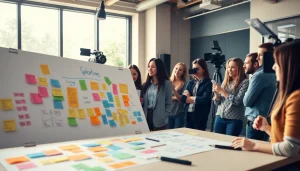 Creating engaging corporate video production in a collaborative office setting with filmmakers brainstorming.