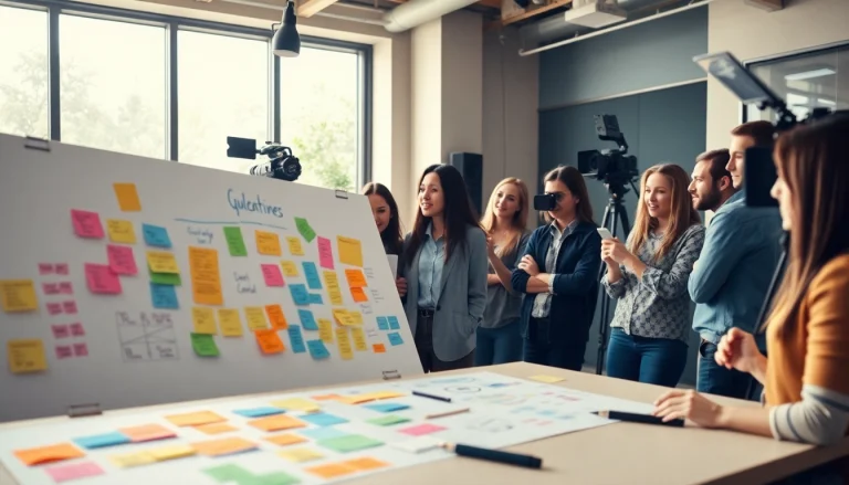 Creating engaging corporate video production in a collaborative office setting with filmmakers brainstorming.