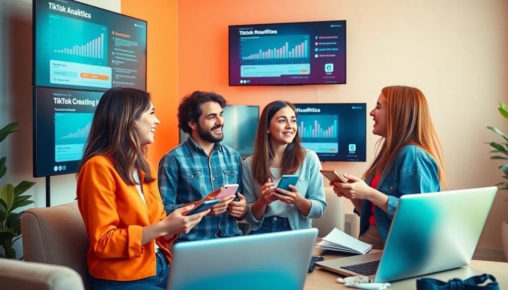 Engaged TikTok creators discussing strategies for paid links for TikTok creators in a vibrant studio.