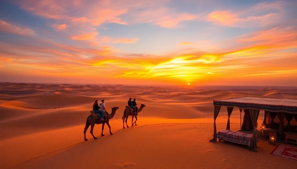 Agafay desert camel ride and dinner with a show at sunset, capturing riders and traditional tents.