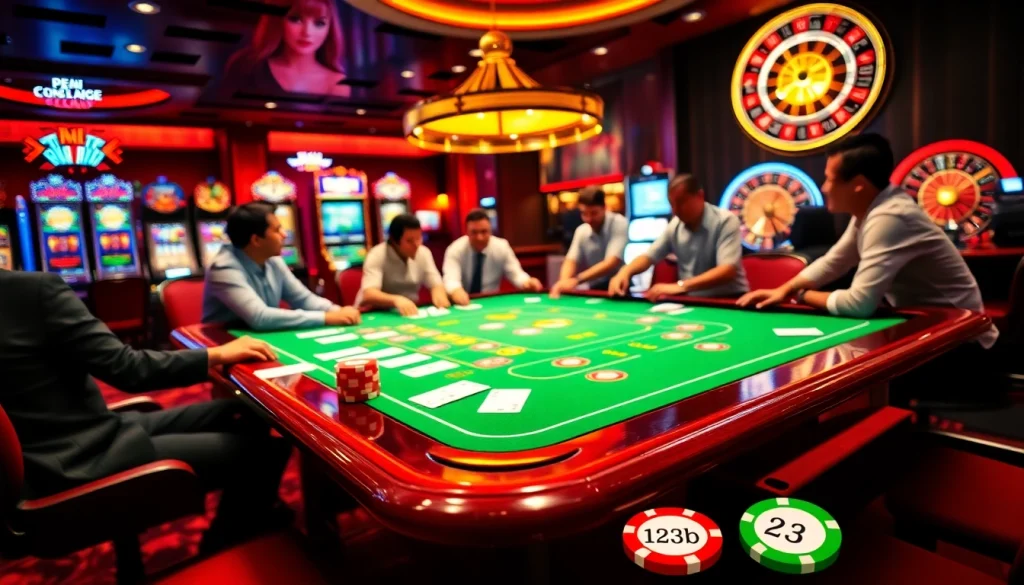 Excited players at a glamorous casino table featuring 123b poker chips and vibrant slot machines in a luxurious atmosphere.
