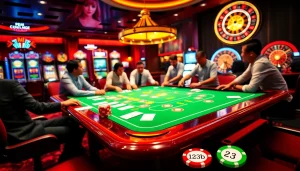 Excited players at a glamorous casino table featuring 123b poker chips and vibrant slot machines in a luxurious atmosphere.